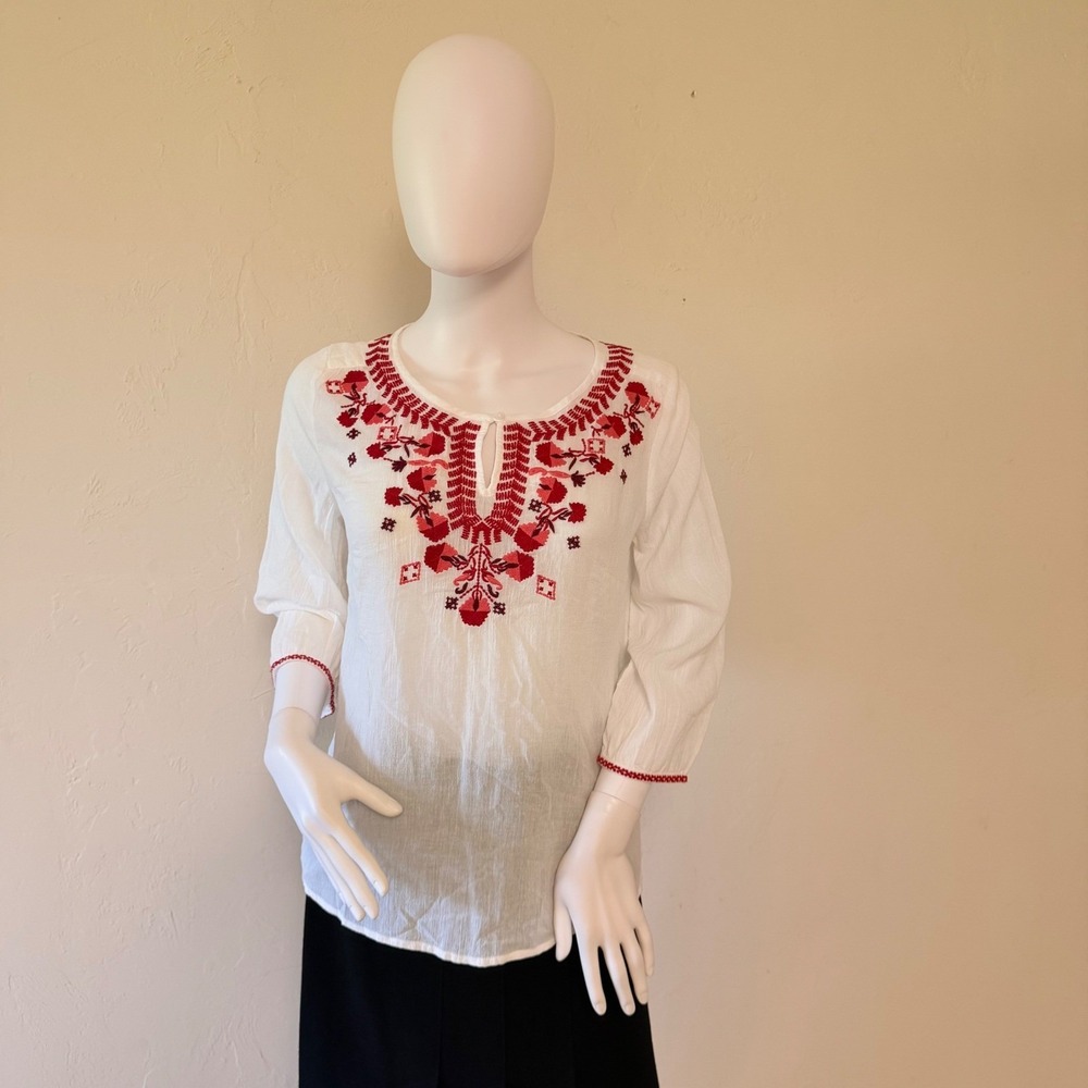 NWT Talbots‎ Women's White Red Embroidered 100% Cotton Peasant Blouse Top Size P